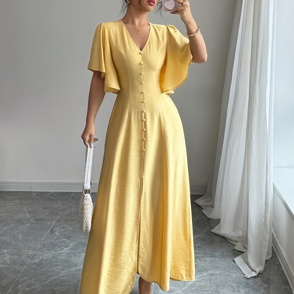 TEMU Women's Elegant Casual V-neck Midi Dress Sleeves & Button Detail - Mustard Yellow Pencil Skirt, Machine Washable Summer Dress For Spring/, ,