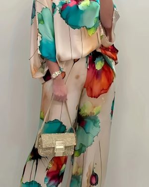 TEMU Women's Elegant Floral Print Satin Two-piece Set With Round Neck Top And Wide-leg Pants