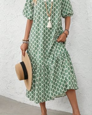 TEMU Women's Elegant Green Geometric Print V-neck Tunic Dress - Short Sleeve, Summer Casual Dress With Hem, Adult, Casual Attire|geometric Print