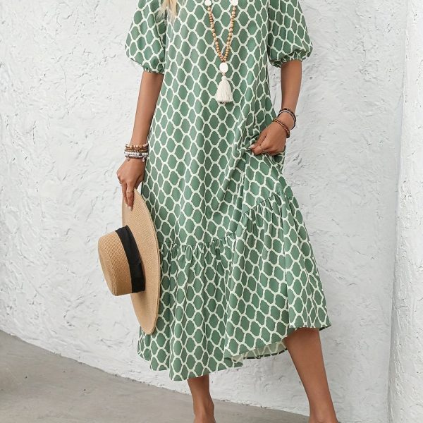 TEMU Women's Elegant Green Geometric Print V-neck Tunic Dress - Short Sleeve, Summer Casual Dress With Hem, Adult, Casual Attire|geometric Print