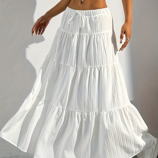 TEMU Women's Elegant High-waisted Pleated Maxi Skirt - White, Flowy, Loose Fit With Ruffle Detail, Spring/summer/fall, Casual Attire|ruffle Detail
