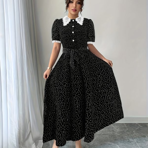 TEMU Women's Elegant Polka Dot & Lace Trim Dress With Adjustable Waist Tie - Slim-fit Knee-length A-line Skirt, Navy Contrast, Machine Washable