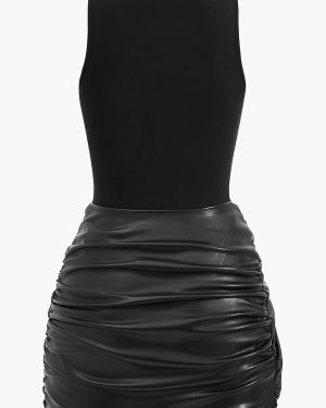 TEMU Women's Elegant Sleeveless Mini Dress With Front Tie Detail - Solid Brown -like Pencil Skirt, Round Neck, Spring/summer Fashion, Adult, Formal