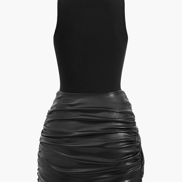 TEMU Women's Elegant Sleeveless Mini Dress With Front Tie Detail - Solid Brown -like Pencil Skirt, Round Neck, Spring/summer Fashion, Adult, Formal