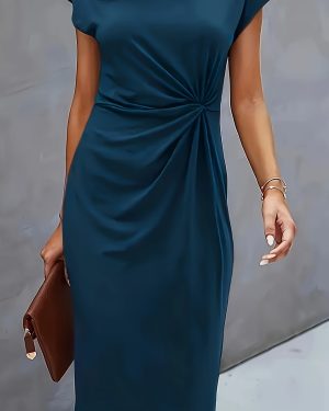 TEMU Women's Elegant Twist Knot Detail Pencil Dress - Navy Blue Knee-length Short Sleeve Round Neck Summer Dress, Machine Washable Regular Fit For