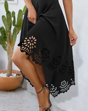 TEMU Women's Elegant White A-line Midi Skirt With Laser-cut Floral Patterns, Casual Zipper Front, Vacation, Parties, And Dates, Casual Wear | Floral
