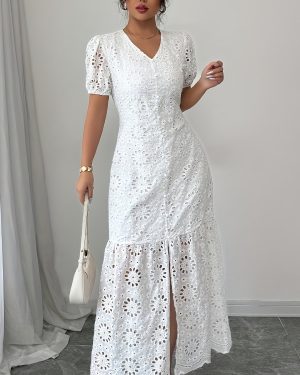 TEMU Women's Elegant White Lace-trimmed Pencil Dress - Slim Fit V-neck Short Sleeve With Fan-shaped Hem & Side Slit, Knee-length Machine Washable For