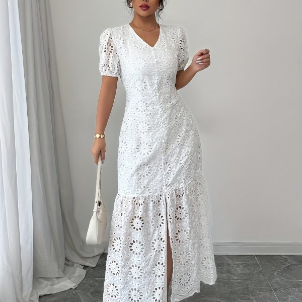 TEMU Women's Elegant White Lace-trimmed Pencil Dress - Slim Fit V-neck Short Sleeve With Fan-shaped Hem & Side Slit, Knee-length Machine Washable For