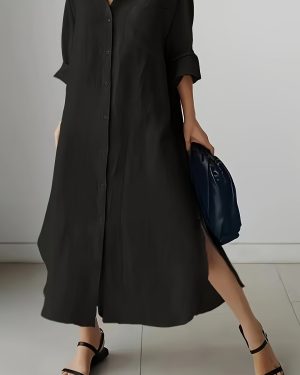 TEMU Women's Elegant -up Shirt Dress - Long Sleeve, Boat Collar, Polyester, Casual & Formal Wear, Formal Attire|buttonup Dress|polyester Dres