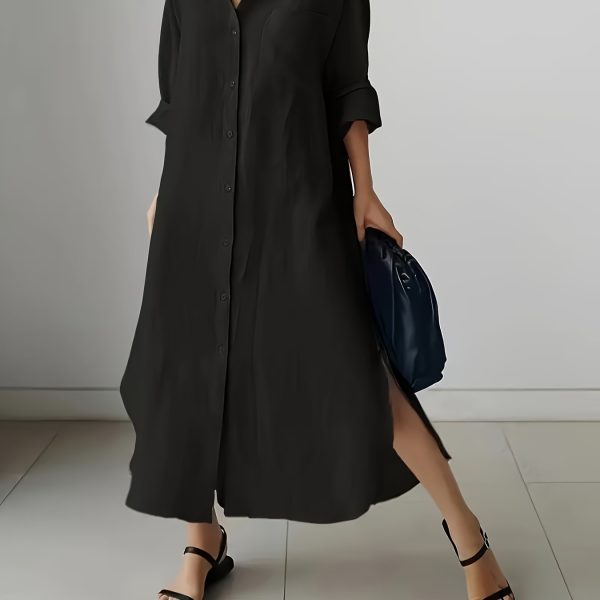 TEMU Women's Elegant -up Shirt Dress - Long Sleeve, Boat Collar, Polyester, Casual & Formal Wear, Formal Attire|buttonup Dress|polyester Dres