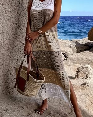 TEMU Women's Fashion Knit Dress, Color Block Hollow-out Crew Neck Tunic, 100% Polyester, Lightweight Beach , /m² Knit Fabric