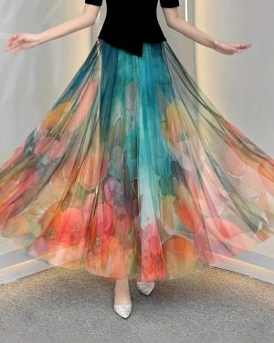 TEMU Women's Floral Print A-line Maxi Skirt - High-waisted Flowy Pleated Hem, Lightweight Breathable Fabric For Spring Summer Fall, Beach Vacation &