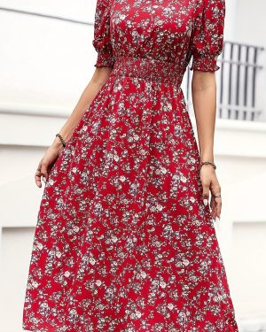 TEMU Women's Floral Print A-line Midi Dress With Puff Sleeves & Flared Skirt - Red Summer Dress For Vacation, Casual & Casual Attire, Vacation Dress,