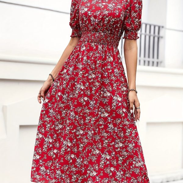TEMU Women's Floral Print A-line Midi Dress With Puff Sleeves & Flared Skirt - Red Summer Dress For Vacation, Casual & Casual Attire, Vacation Dress,