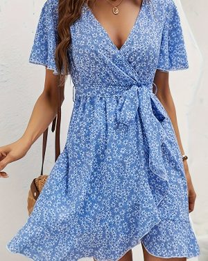 TEMU Women's Floral Print Peplum Dress With Neckline - Short Sleeve, A-line Silhouette, Light Blue Floral Pattern, Elegant Summer Dress For Adults,