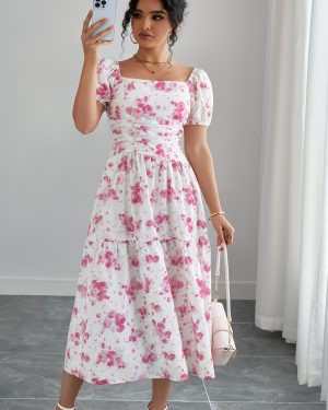 TEMU Women's Floral Print Peplum Dress With Square Neckline And Ruched Detail - Spring/summer, Casual To Semi-formal Occasions, Casual Dressing |