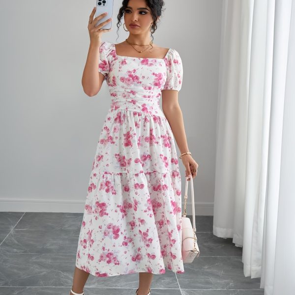 TEMU Women's Floral Print Peplum Dress With Square Neckline And Ruched Detail - Spring/summer, Casual To Semi-formal Occasions, Casual Dressing |