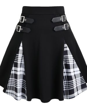 TEMU Women's Gothic A-line Mini Skirt - High-waisted Black & Purple Checkered Skirt With Metallic Buckles, Medium Stretch, Hand Wash Fall/, Winter