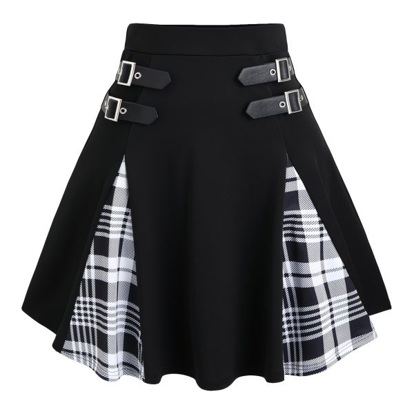 TEMU Women's Gothic A-line Mini Skirt - High-waisted Black & Purple Checkered Skirt With Metallic Buckles, Medium Stretch, Hand Wash Fall/, Winter