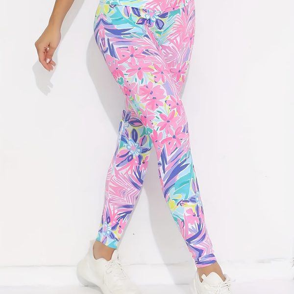 TEMU Women's High-waist Floral Print Yoga Leggings - Breathable, Butt-lifting, Stretchy Activewear For Indoor & , Vibrant Pink With Green & Blue