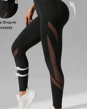 TEMU Women's High-waist Slim-fit Yoga Leggings With Mesh Panels And Side Pockets - Black, Stretchy & Breathable For Fitness, Jogging, And Outdoor