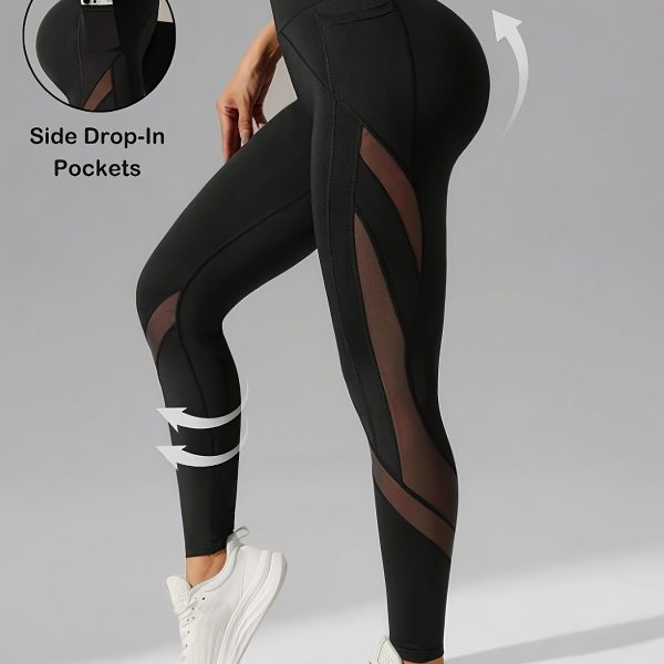 TEMU Women's High-waist Slim-fit Yoga Leggings With Mesh Panels And Side Pockets - Black, Stretchy & Breathable For Fitness, Jogging, And Outdoor