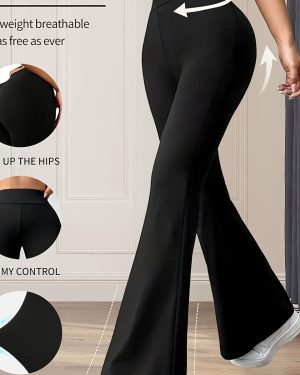 TEMU Women's High-waisted Black Flared Pants - High-elastic Lightweight Breathable Yoga & Dance Pants With Tummy Control, Stretch, Hips For Casual &