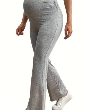 TEMU Women's High-waisted Maternity Pants - Stretchy Straight-leg Pregnancy Work Pants With Belly Support, Breathable Elastic Fabric For