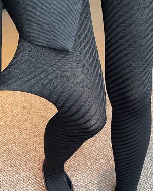 TEMU Women's Japanese-style Slant Striped Ribbed Tights - Adjustable Gradient Design, Black & Charcoal Gray, Versatile For Casual Attire & Special