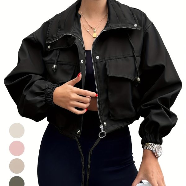 TEMU Women's Lightweight Cropped Zip-up Jacket - Oversized Casual Utility Coat With Stand Collar, Drop Shoulder Sleeves & Flap Pockets, Machine