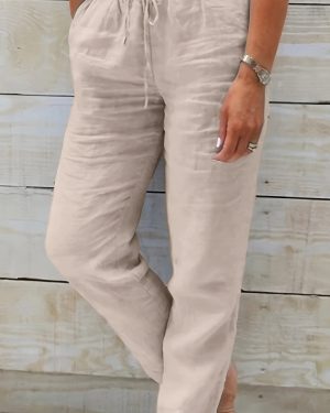 TEMU Women's Lightweight Elastic Waist Straight-leg Pants - Machine-washable Beige Casual Trousers For Spring/summer, Adjustable Drawstring & Elegant