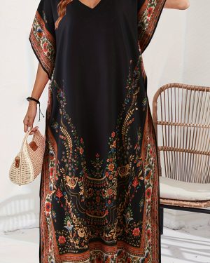 TEMU Women's Middle Eastern Abaya, Casual V-neck Floral Print Loose Fit Maxi Dress, Polyester, Non-stretch, Split Hem, Woven, , Traditional Clothing