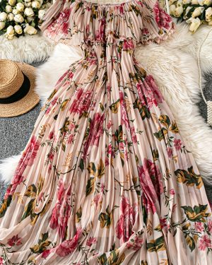 TEMU Women's Off-shoulder Floral Print Sleeveless Dress - Lightweight 100% Polyester Beach Vacation Dress With Puff Sleeves, Elegant Resort Style For