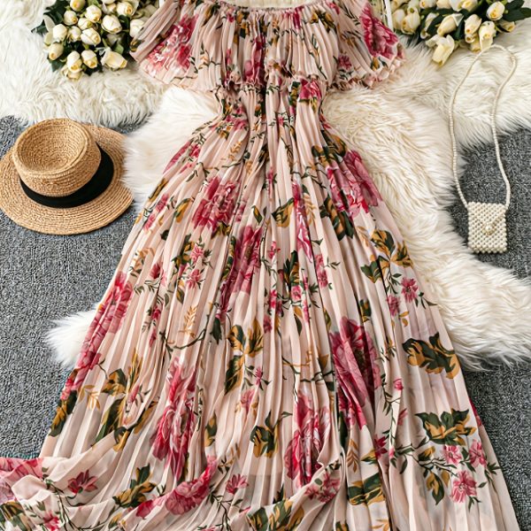 TEMU Women's Off-shoulder Floral Print Sleeveless Dress - Lightweight 100% Polyester Beach Vacation Dress With Puff Sleeves, Elegant Resort Style For