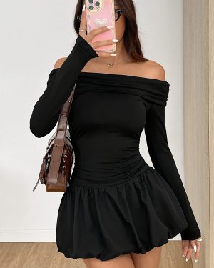 TEMU Women's Off-shoulder Long Sleeve Mini Dress - Stretchy Polyester Blend, Hem, Solid Black, Machine Washable, Fall/winter