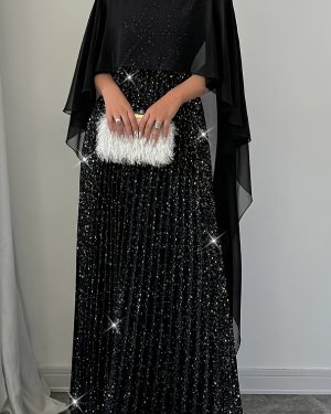 TEMU Women's Plus Size Elegant Black Sequin Embellished Off-the-shoulder Dress - Floor-length Machine Washable Formal Party Wedding Attire With Round