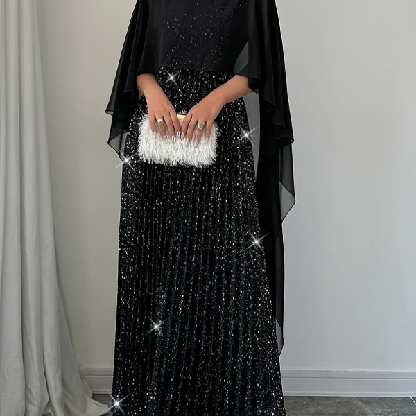 TEMU Women's Plus Size Elegant Black Sequin Embellished Off-the-shoulder Dress - Floor-length Machine Washable Formal Party Wedding Attire With Round
