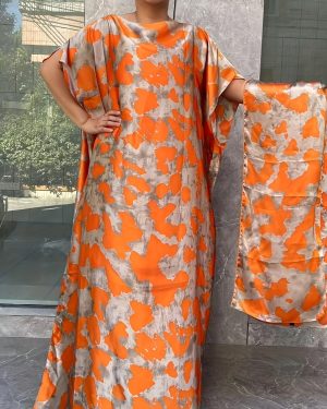 TEMU Women's Plus Size Floral Print Tunic Dress With Scarf - Elegant Short Sleeve Crew Neck, Loose Fit, Long Length, , Party Attire, Casual