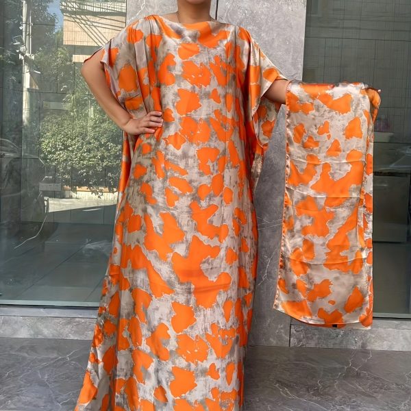 TEMU Women's Plus Size Floral Print Tunic Dress With Scarf - Elegant Short Sleeve Crew Neck, Loose Fit, Long Length, , Party Attire, Casual