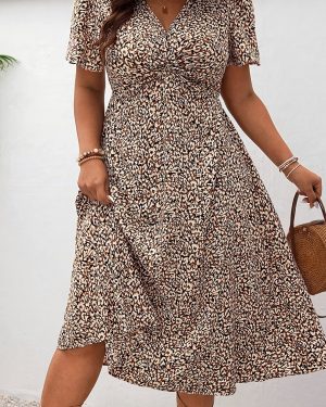 TEMU Women's Plus Size V-neck Midi Dress With Sequin Detail - Casual Summer Short Sleeve, Knot Twist Design, Non-stretch Fabric For Vacation & Work,