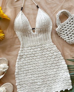 TEMU Women's Sexy Summer Halter Neck Backless Beach Dress - Semi-sheer Lace Panel Adjustable Tie Front & High-low Hem, Lightweight Solid Color