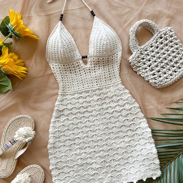 TEMU Women's Sexy Summer Halter Neck Backless Beach Dress - Semi-sheer Lace Panel Adjustable Tie Front & High-low Hem, Lightweight Solid Color