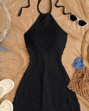 TEMU Women's Sleeveless Backless Bodycon Dress With Tie-back Detail - Beige Mini Dress For Summer, Casual & Formal Wear, Versatile Fashion, Elegant
