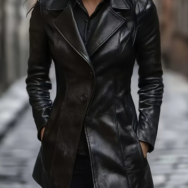 TEMU Women's Slim-fit Jacket - Elegant Solid Black Versatile Coat With Button Front, Tailored Cut For Casual & Formal Outfits, Design, Stylish