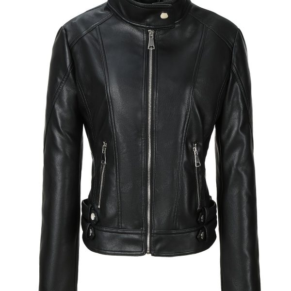 TEMU Women's Slim-fit Leather Jacket With Stand Collar - Zipper Front, Long Sleeves, Lightweight & Stylish For Casual Or Outfits, Versatile Jacket |