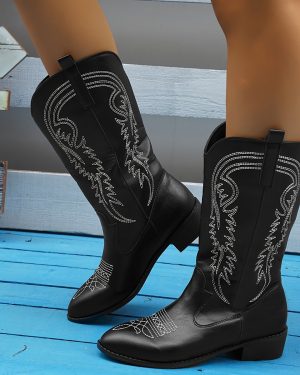 TEMU Women's Slip-on Chunky Mid-heel Cowboy Boots - Black Cover Round Toe Casual Boots With Rubber Sole, For Casual Attire