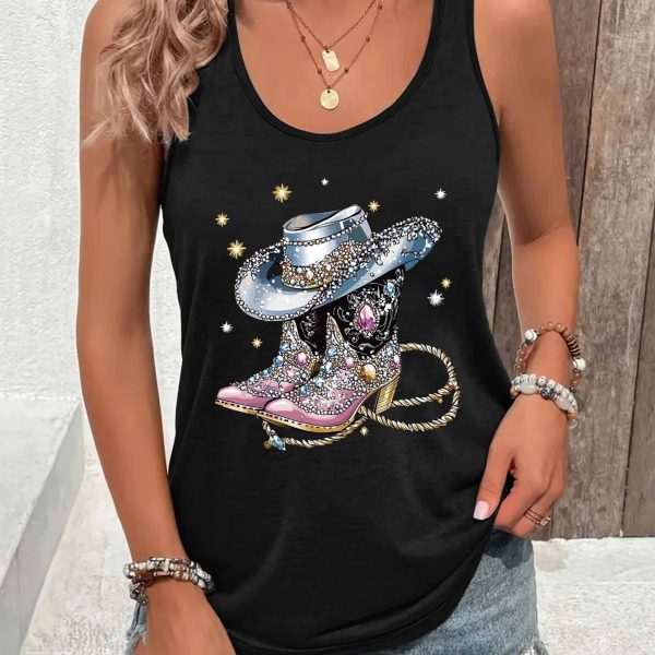 TEMU Women's Soft Sleeveless Vest - Western Graphic Print With Sparkling Cowboy Boots & Hat Design, Lightweight Round Neck Casual Top For Spring
