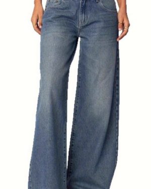 TEMU Women's Straight-leg Relaxed Fit Denim Jeans - Mid-rise Non-stretch Machine-washable Casual Pants With Pockets, Solid Color Durable Fabric For