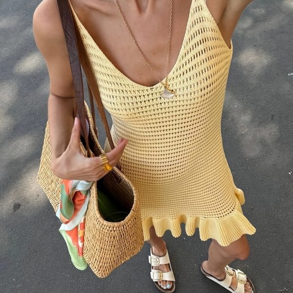 TEMU Women's Summer Knit Sleeveless Dress - V-neck Bodycon Beach Vacation Dress With Hem, Solid Color, Lightweight Polyester, Casual And Seaside