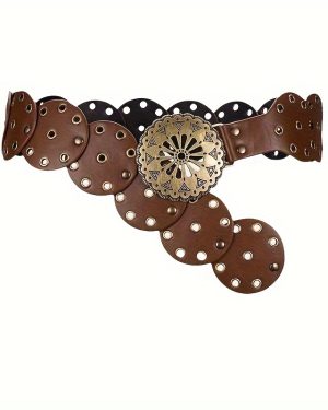 TEMU Women's Vintage Western Style Pu Leather Belt With Rivet & Cut-out Details - Adjustable Wide Waist Cinch For Dresses, Casual Outfits, Evening